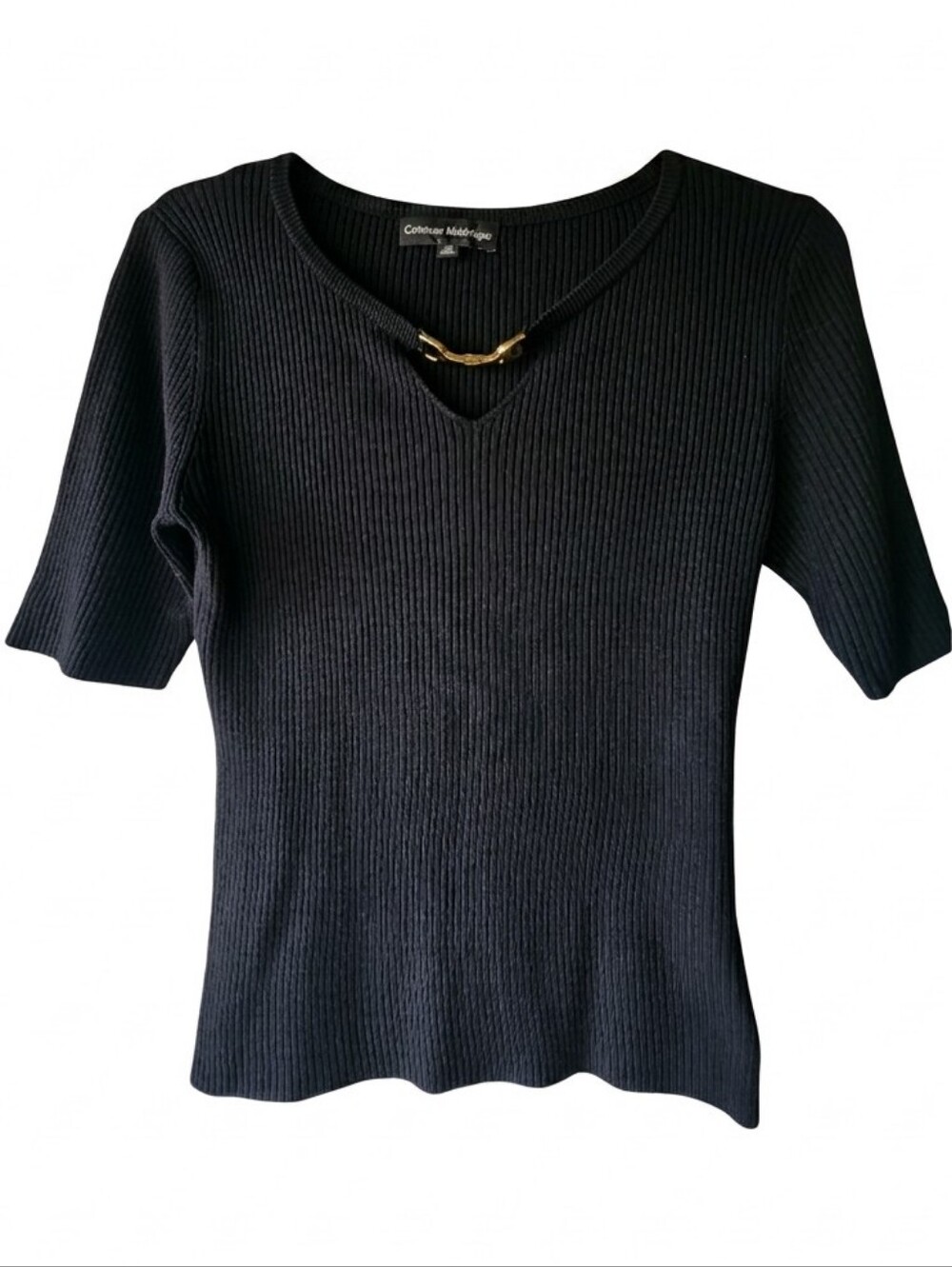 CATHERINE MALANDRINO Black Ribbed Knit Short Sleeve Top Medium